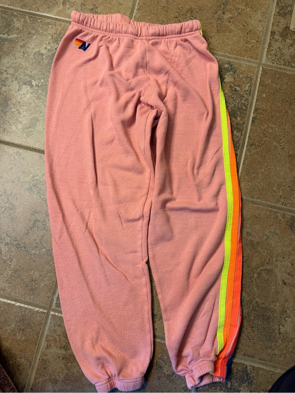 Aviator Nation Pink Sweatshirt with Yellow and Orange Logo Stripe